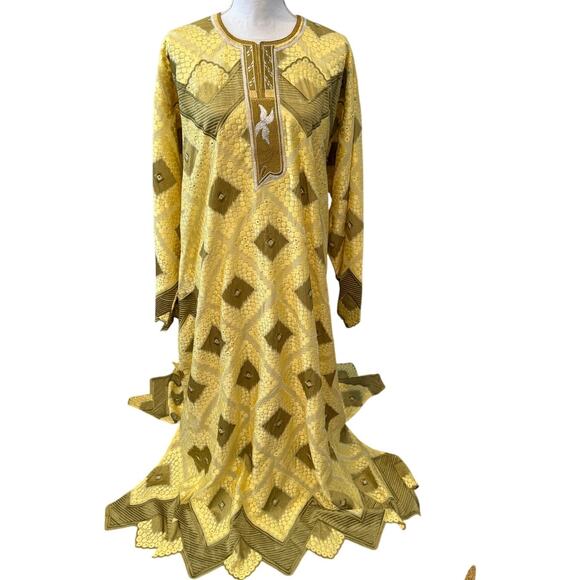 Vintage 60s Dramatic Jacquard Embroidered Kaftan Dress Yellow Avocado Green - Picture 1 of 7